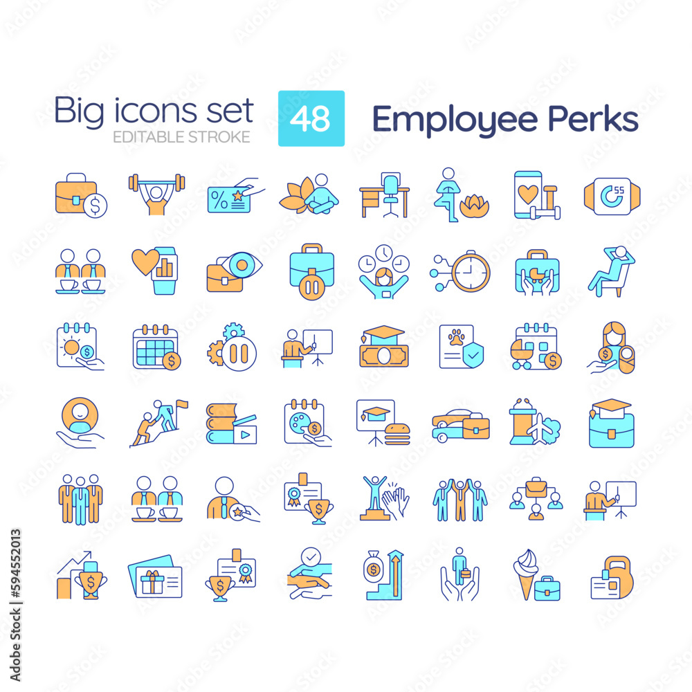Poster employee perks rgb color icons set. incentive program. work environment. increase productivity. rewa