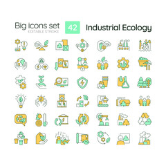 Industrial ecology RGB color icons set. Sustainable development. Environment protection. Circular economy. Isolated vector illustrations. Simple filled line drawings collection. Editable stroke