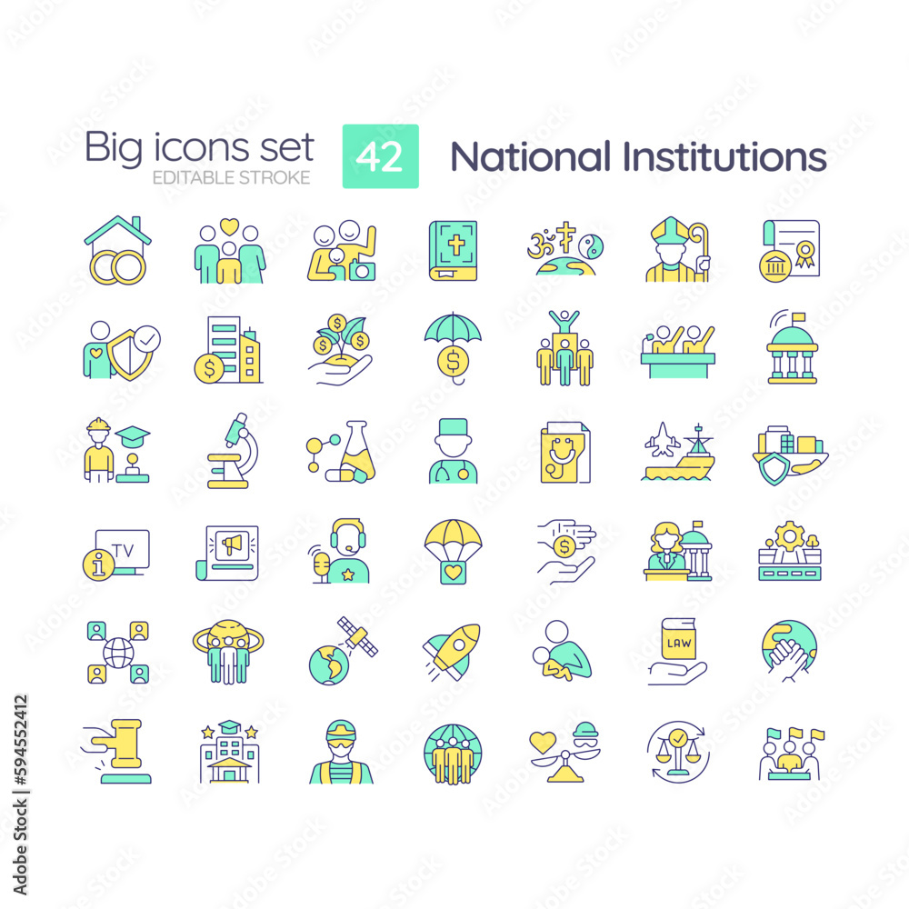 Aufkleber national institutions rgb color icons set. patterns of behavior. social system. society framework. i