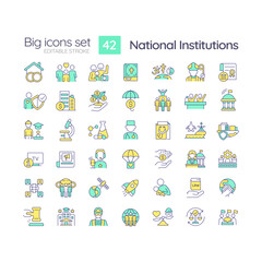 National institutions RGB color icons set. Patterns of behavior. Social system. Society framework. Isolated vector illustrations. Simple filled line drawings collection. Editable stroke