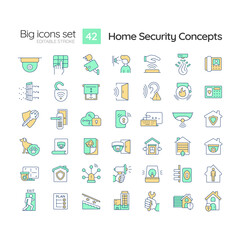 Home security RGB color icons set. Smart house. Alarm system. Crime prevention. Family protection. Isolated vector illustrations. Simple filled line drawings collection. Editable stroke