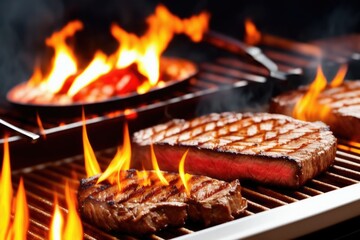 Steak is cooking on a grill with flames in the backgroung, generative ai, tasty beef meat