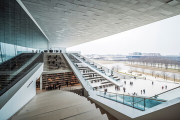Obraz premium Interior wide shot view of the municipal library. White background, clean and modern building. Open space library with people. Generative AI.