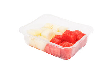 Fruit salad with watermelon and melon in a plastic container on a white background.