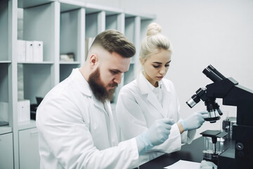 Fototapeta premium Professional smart woman and man working in the laboratory looking at samples through microscope. Doing analysis and working. Generative AI.