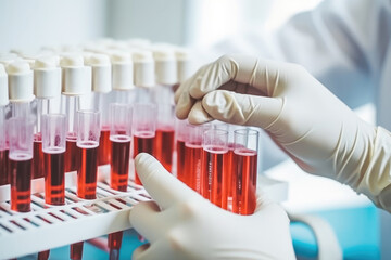 Doctor with blood sample. Light blue background. Professional doctor holding test tube with blood sample. Generative AI.