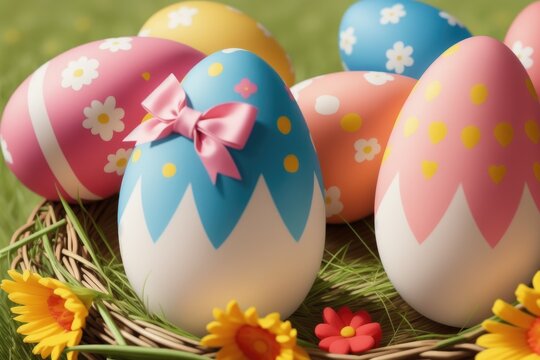 Colorful Easter eggs for holiday celebration, generative ai, pastelle color background