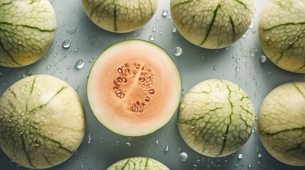Yellow galia melon piece background with water drops. Close up - obrazy, fototapety, plakaty