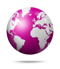 Pink earth globe isolated on white background