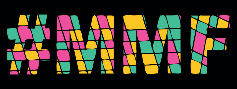 MMF Hashtag. Tricolor isolated letters from contrast flowing fluid shapes. Popular Hashtag #MMF for Adult sexual resources, mobile applications, t-shirts. Stock vector