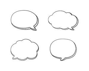 Collection set of hand drawn 3D blank speech bubble balloon, think, speak, talk, text box banner, black and white color, flat design vector illustration