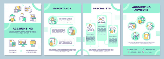 Accounting turquoise brochure template. Advisory service. Leaflet design with linear icons. Editable 4 vector layouts for presentation, annual reports. Arial-Black, Myriad Pro-Regular fonts used