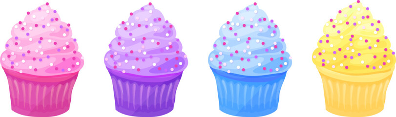 Four pastel colored cupcakes in pink, purple, blue, and yellow, with sprinkles. Isolated vector illustrations.
