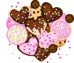 Pile of Valentine's Day-themed chocolate and sugar frosted cookies with sprinkles scattered around. Isolated vector illustration.