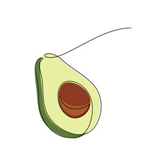 Cut avocado vector. Line continuous hand drawn illustration. Fruit and vegetable icon. Minimal linear silhouette. Outline design, print, banner, card, brochure, logo, cartoon, graphic doodle, symbol.
