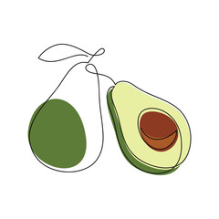 Outline avocado vector. Line continuous hand drawn illustration. Fruit and vegetable icon. Minimal linear silhouette. Design, print, banner, card, brochure, logo, cartoon sign, graphic doodle, symbol.