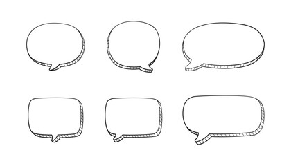 Collection set of hand drawn 3D blank speech bubble balloon, think, speak, talk, text box banner, black and white color, flat design vector illustration
