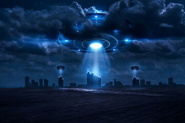 Fototapeta na wymiar 3D Rendering The UFO shooting a beam of light invaded the city at night fantasy.