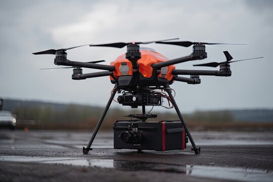 autonomous vehicles and drones taking part in search-and-rescue operation, created with generative ai