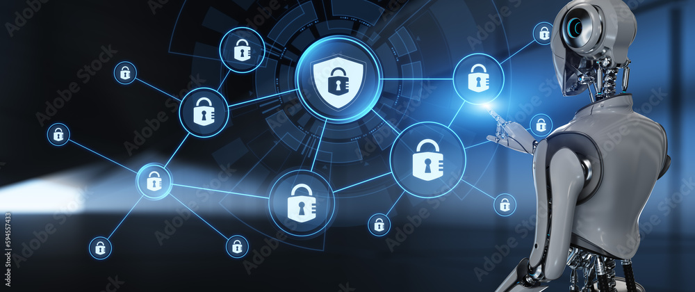 Poster cyber security data protection antivirus technology concept. robot pressing button on screen 3d rend
