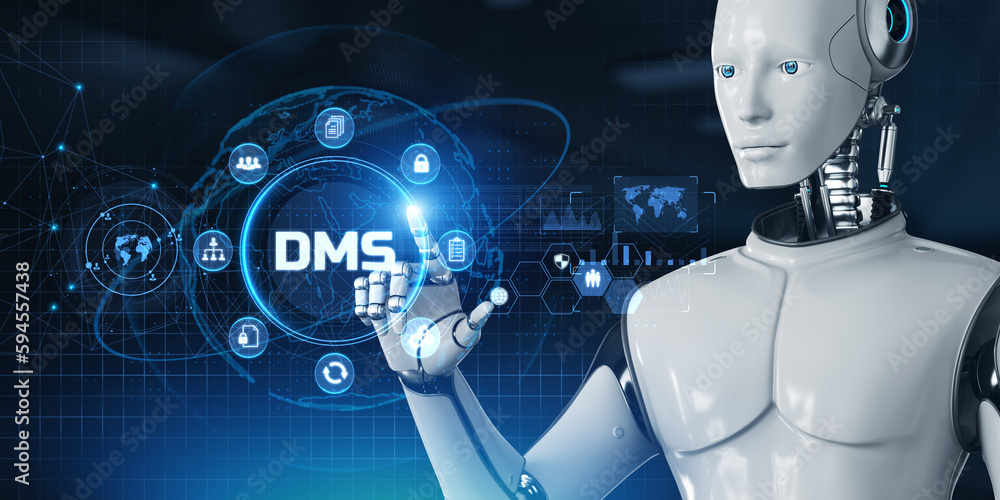 Poster dms document management system business process automation rpa concept. robot pressing button on scr