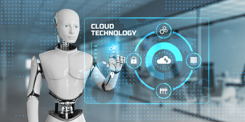 Cloud technology computing concept. Robot pressing button on screen 3d render.