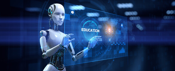 Education automation e-learning. Robot pressing button 3d render.