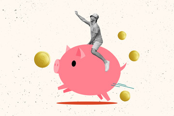 Creative collage picture of excited black white gamma mini guy sit ride big money bank pig collect...