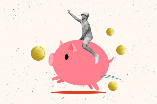 Creative collage picture of excited black white gamma mini guy sit ride big money bank pig collect coins isolated on painted background