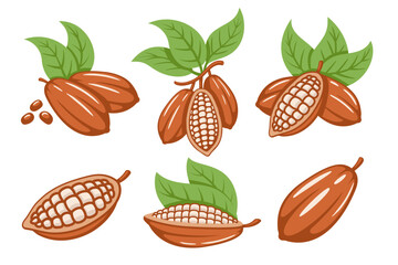 Set of cocoa beans isolated on white background. Logo template. Cacao bod. elements. Vector illustration