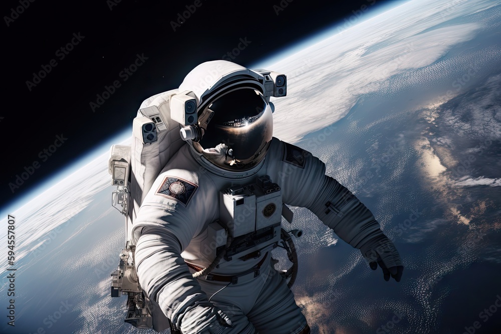 Wall mural astronaut, floating in the zero-gravity environment of space, with view of distant planets and stars