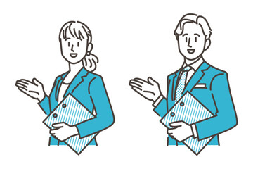 Male and female businessperson making a proposal, explaining and introducing [Vector illustration].