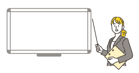 Young female businessperson smiling and explaining next to a whiteboard [Vector illustration].