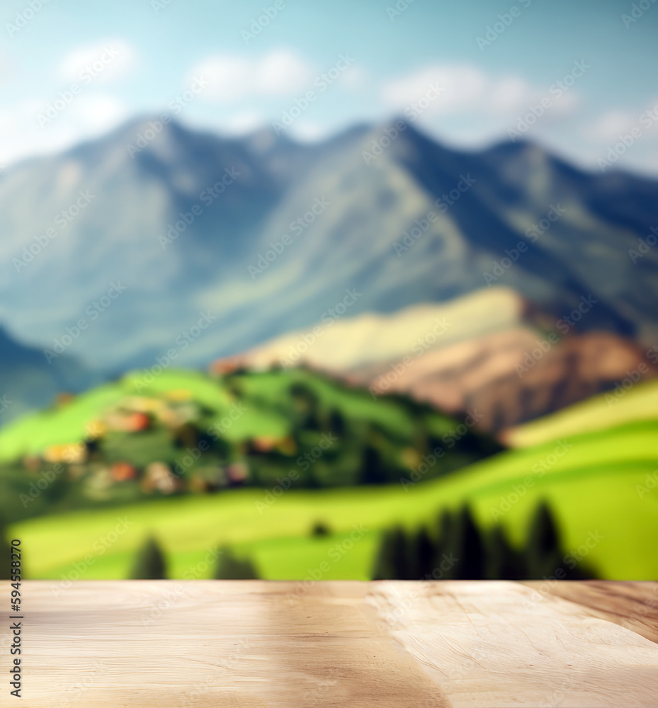 Poster wooden table top on blur mountain and grass field background in morning or evening atmosphere. for m