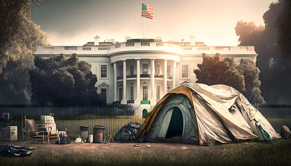 Concept of illegal migration of people. Refugee immigrant tent camp next to US White House, sun light. Generation AI - obrazy, fototapety, plakaty
