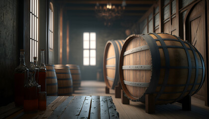 Storage cellar with barrels making wine or whisky bottles. Generation AI