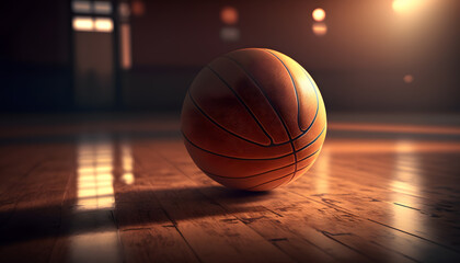 Banner sports tournament Basketball, ball on dark background court with sun light. Generation AI