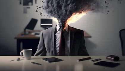 Man in business suit with burnout head on work place in office. Concept of mental shock overload, stress and depressed. Generation AI