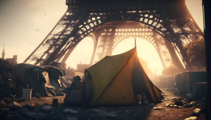 Concept of illegal immigrant of people to Europe. Refugee tent camp around Eiffel Tower in Paris city France, sun light. Generation AI - obrazy, fototapety, plakaty