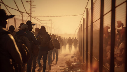 Refugee immigrants queue along high border fence Mexico and USA. Generation AI