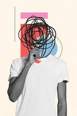 Creative abstract template graphics collage image of thoughtful guy scribble instead head isolated...
