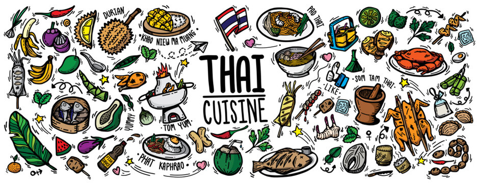 cute doodle cartoon regional tasty Thai foods popular menu , desserts ,fruit and ingredients. drawing vector outline colorful hand drawn for appetizing Thai street foods isolated on white background.