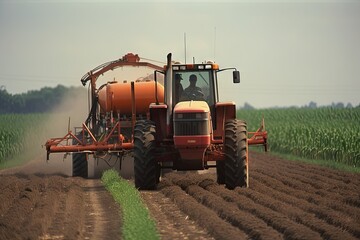 Fototapeta premium A plantation field with a tractor and Glyphosate irrigation, chemical products in agriculture. Pesticides on plantantion field at sunset. Generative AI Technology.