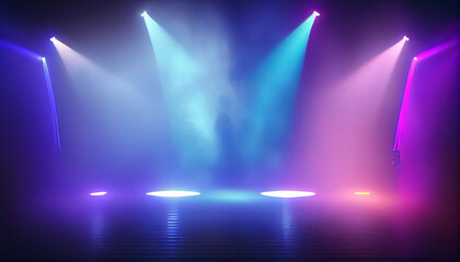 Empty scene with blue purple neon stage spotlight Ai generated image - obrazy, fototapety, plakaty