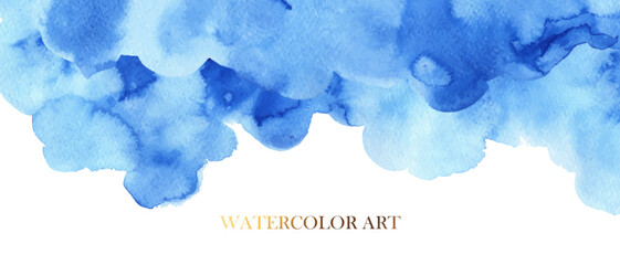 Horizontal abstract blue watercolor spots, waves, textures. Blue, turquoise, white watercolor fluid painting.