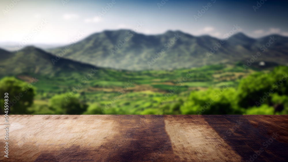 Poster wooden table top on blur mountain and grass field background in morning or evening atmosphere. for m