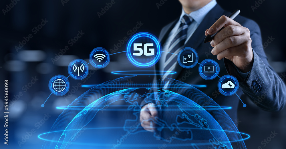 Poster 5g high-speed internet connection concept. businessman pressing button on screen.