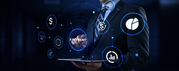 E-payment digital money online banking. Businessman pressing button on screen.