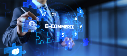 E-commerce online shopping business technology concept on screen.