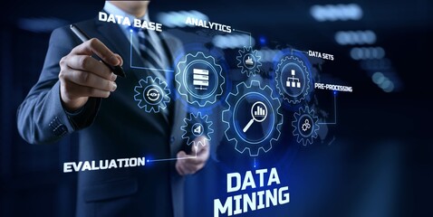 Big data information technology concept. Businessman pressing button on screen.